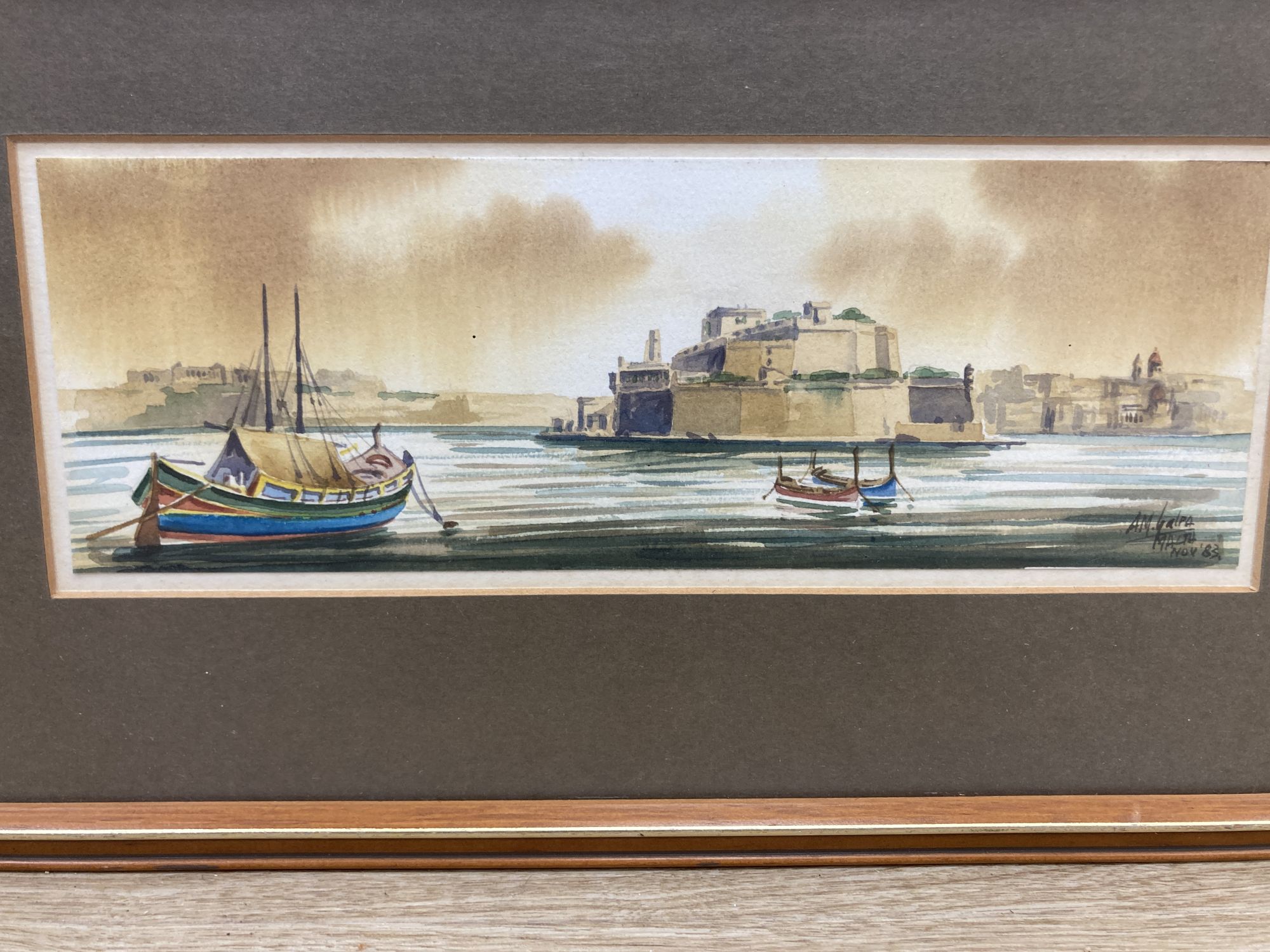 Galea, two watercolours, Pieta Church 1962, 18 x 28cm and Valetta Harbour, Malta 83, 10 x 29cm